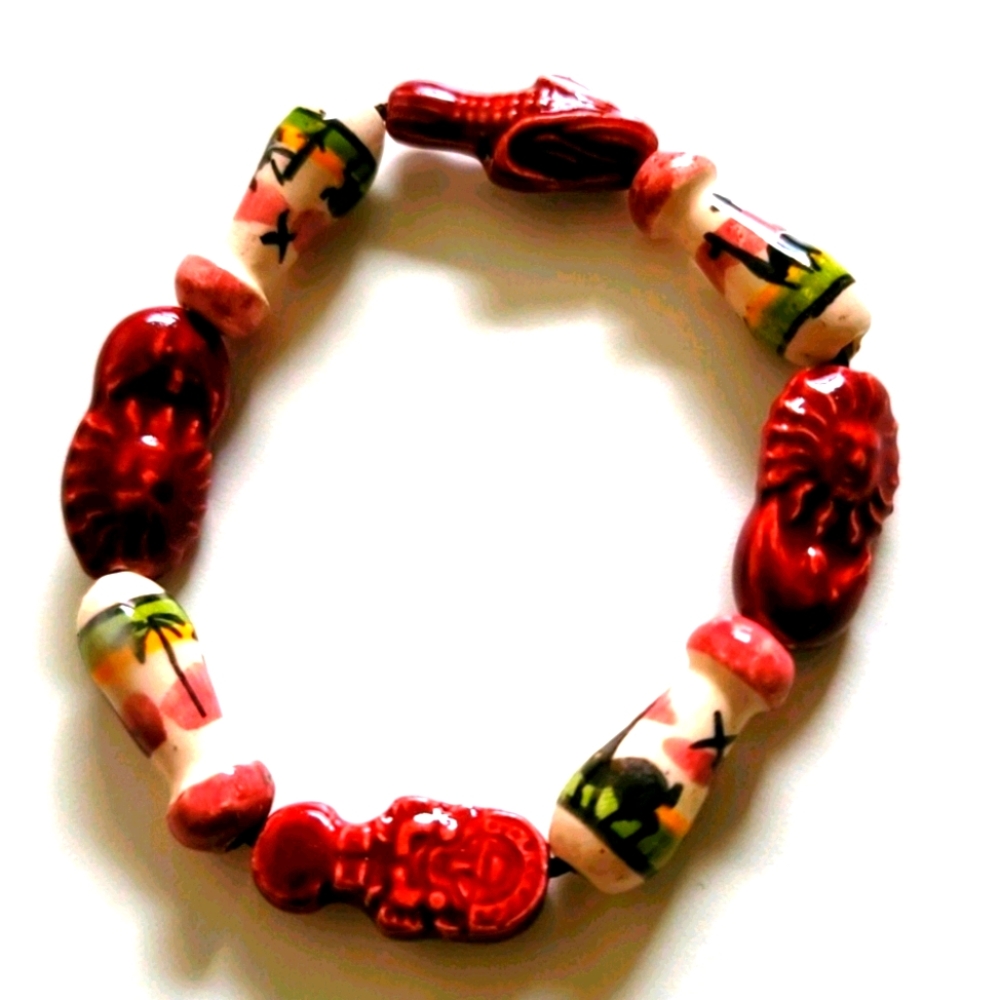 Chunky Bracelet Maroon Pink Cream Lion Head Palm Tree African Animals